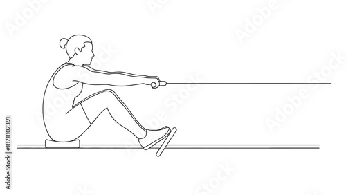 Woman rowing a rowing machine with focused expression white with fitness on whit background