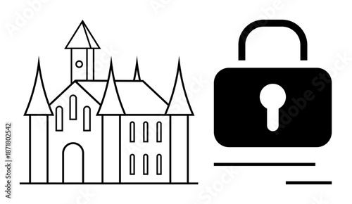 Security, data protection, online safety, privacy concepts, digital lockdown, safe zones. A castle and a padlock icon side by side. Security and data protection concepts