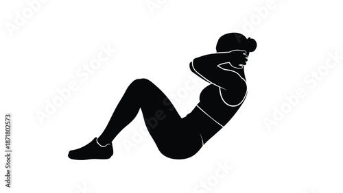 A woman performing crunches a white with fitness and exercise and silhouette on whit background