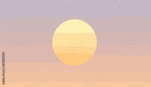 Fotografi Minimalist abstract vector of a layered pale yellow sun over a soft lavender and peach horizontal striped sky background