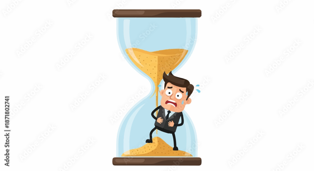 Fototapeta premium Stressed Businessman Character Trapped Inside Hourglass Representing Deadlines and Time Management Crisis
