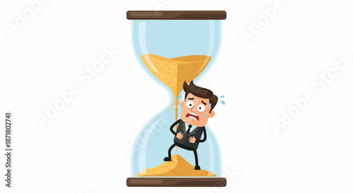 Stressed Businessman Character Trapped Inside Hourglass Representing Deadlines and Time Management Crisis