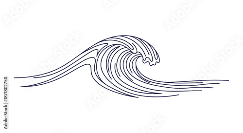 Minimalist Blue Line Art Illustration of a Powerful Ocean Wave Representing Energy and Nature