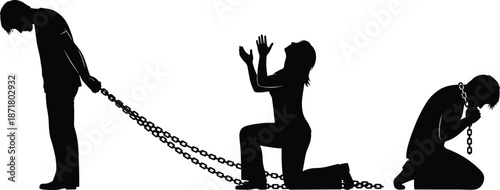 Symbolic silhouette of chained human figures in emotional poses, representing bondage, despair, struggle, and hope in a dramatic black and white illustration.
