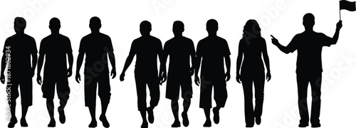 Group of people silhouettes walking together with leader holding flag, teamwork, leadership, unity and direction concept vector isolated on white background