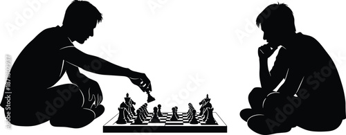 Chess strategy concept illustration showing two players silhouettes competing in intellectual game, decision making, planning, leadership and business strategy vector isolated