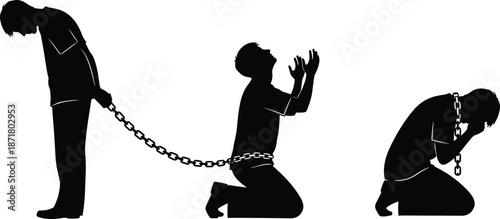 Human bondage and freedom concept illustration showing chained silhouettes in despair and prayer, symbolic oppression, slavery, addiction, mental struggle vector isolated on white background