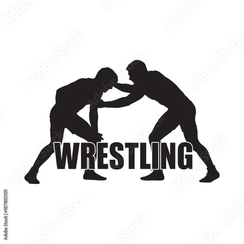 Silhouette of two wrestlers engaged in a grappling match with text
