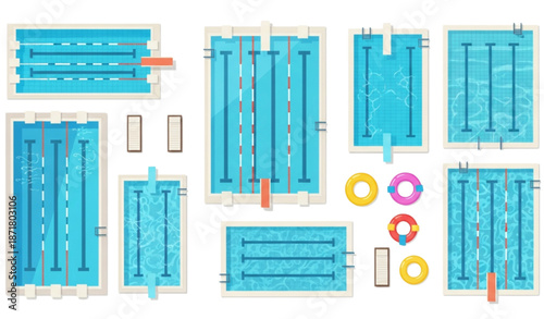 Top view swimming pool flat vector illustration collection