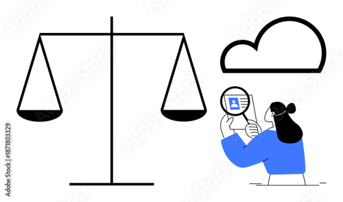 Legal identity concept. Legal balance ed by scale, cloud digital data, and person analyzing ID profile. Legal matters, digital security, data privacy, online verification, technology