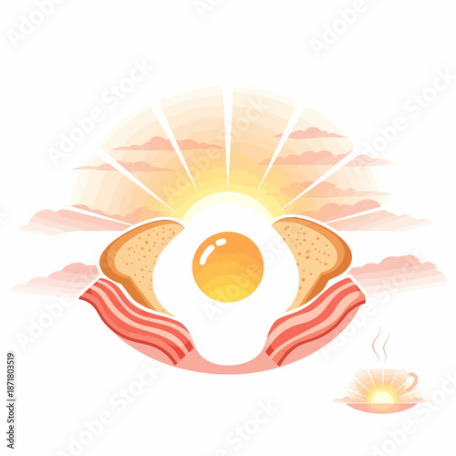 Conceptual illustration of egg, bacon, and toast breakfast at sunrise for Suhur Ramadan fasting meal concept