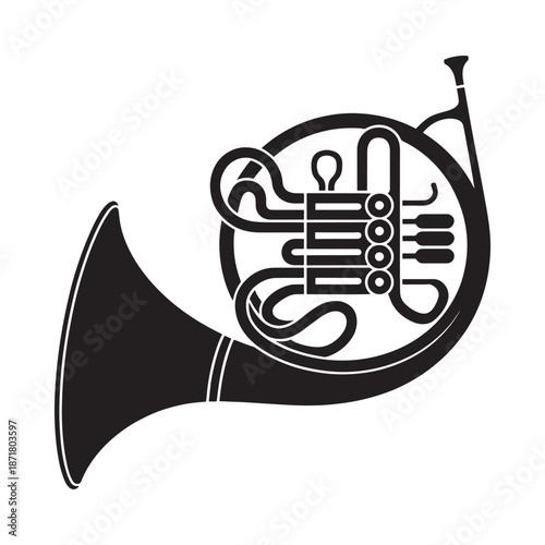 A detailed black and white illustration of a classic french horn instrument