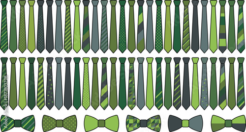 Green necktie and bow tie collection, mens fashion accessories set, business formal ties, patterned neckwear, elegant vector illustration packt