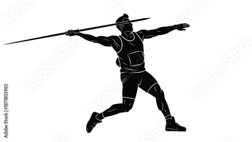 Athlete in motion throwing javelin with dynamic movement white with running on whit background