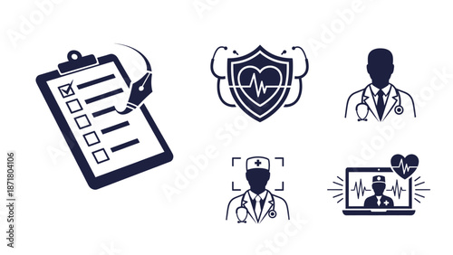 A collection of medical icons representing healthcare, insurance, and telemedicine services