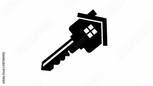 Key with house symbol representing real estate ownership.