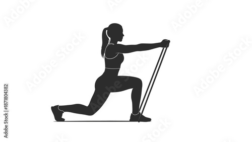 Woman in black silhouette exercising with resistance band white with fitness on whit background