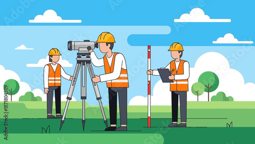 Cartoon Surveyors Using Theodolite and Leveling Rod Outdoors