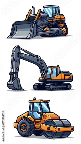 Cartoon Construction Vehicles Set: Bulldozer Excavator Road Roller