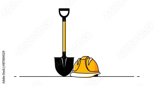 Cartoon Construction Shovel and Yellow Hard Hat Illustration