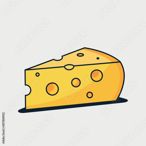 Simple flat design illustration of a wedge of yellow cheese with dark outlines and circular holes, isolated on a light gray background.