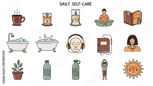 A serene self-care routine illustration showcasing various relaxing activities and wellness essentials in a clean and minimalist environment from a direct viewpoint