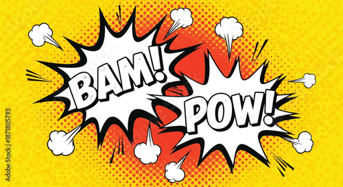 Action Comic Book Elements with BAM and POW Text Bubbles on Yellow