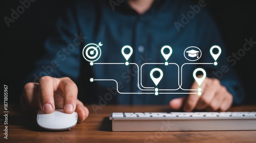 Businessman interacts with digital roadmap icons representing learning milestones and strategic business goal achievement processes
