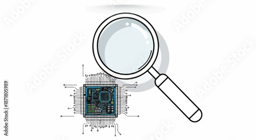 High-Tech Microprocessor Schematic Research Concept with Magnifying Glass Illustration