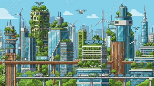 Futuristic cityscape with lush greenery and advanced technology viewed from a high vantage point illustrating a sustainable urban environment