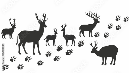 Group of Deer and Paw Prints Silhouette.