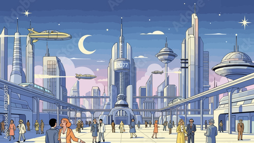 Futuristic cityscape with towering skyscrapers and advanced transportation systems under a serene night sky with moon and stars