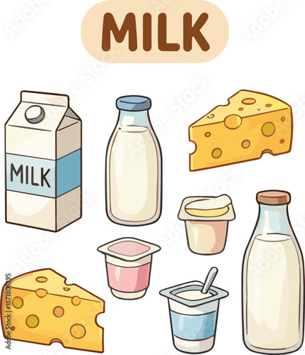 Milk and dairy illustration set, fresh dairy products collection, bottles cartons cheese yogurt, healthy food icons, cartoon vector elements