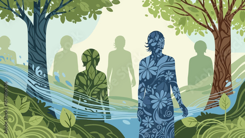 Illustration of a serene landscape with people standing by a river surrounded by lush greenery and trees from a front viewpoint