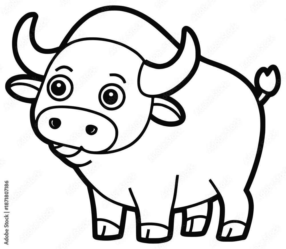 Fototapeta premium Cute Cartoon Buffalo: A charming cartoon buffalo, featuring a delightful smile and endearing eyes, stands poised with an air of playful innocence.
