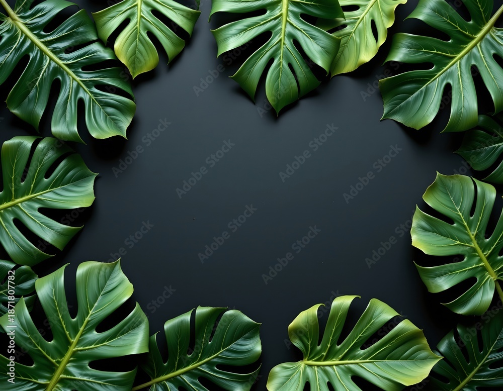 Fototapeta premium Tropical Green Leaves Flat Lay Against Dark