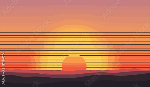 Retro 80s style abstract sunset vector with layered orange sun hills and black horizontal synthwave aesthetic scan lines.