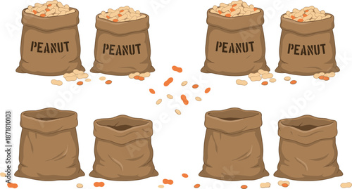 Peanut sack illustration set, burlap bags with peanuts, raw groundnut harvest collection, farming agriculture concept, cartoon vector elements