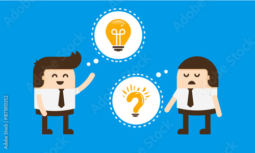 Two businessmen sharing ideas and solutions with lightbulbs above their heads.