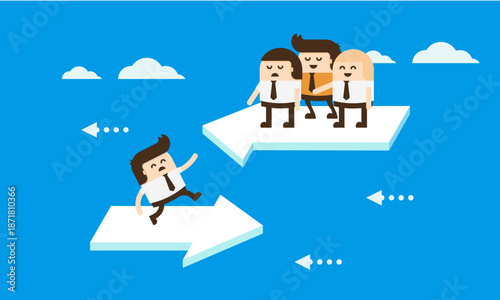 Business people on arrows moving forward and backward.