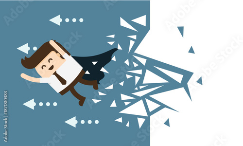 Superhero businessman breaking through barriers with determination and speed.