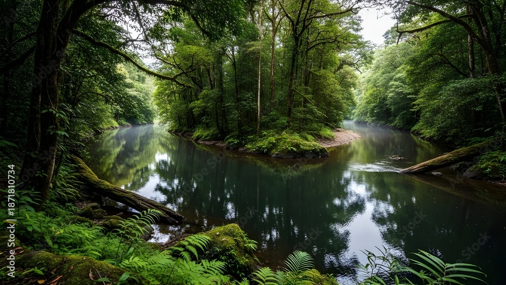 Obraz premium A calm river flows gently through dense green forest, reflecting trees and soft natural light.