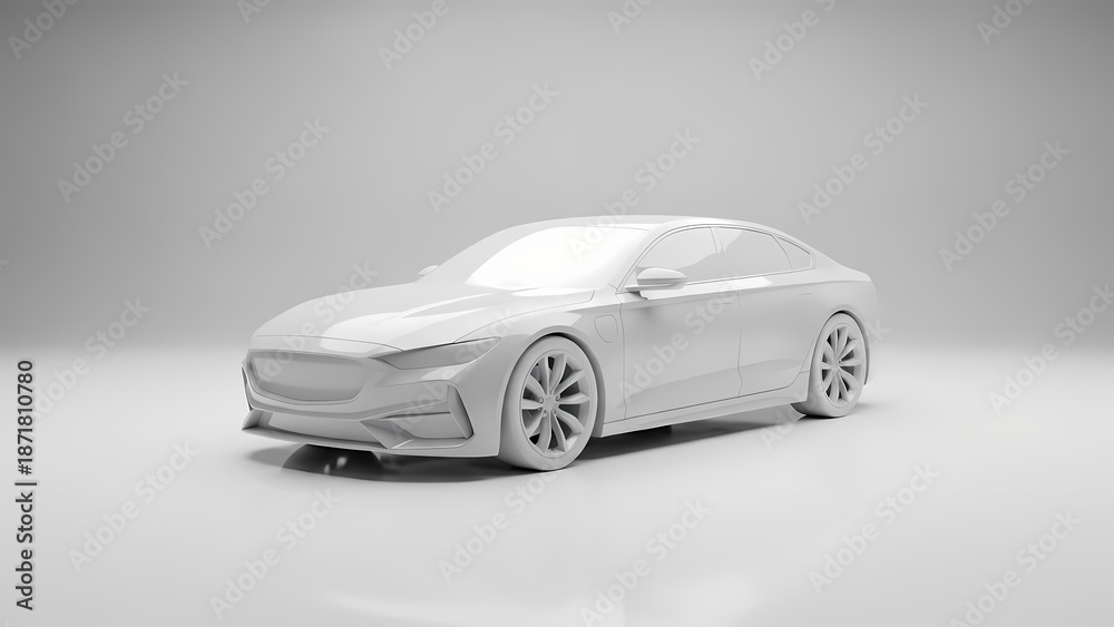Fototapeta premium Futuristic white 3D model of a luxury sedan car in studio