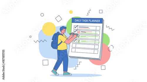 Young man with backpack checks tasks on daily planner, planning, organization, productivity concept