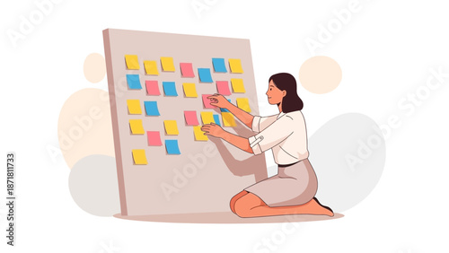Woman planning on a sticky note board, brainstorming ideas, teamwork, strategy