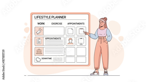 Woman planning lifestyle with planner, work, exercise, appointments, downtime