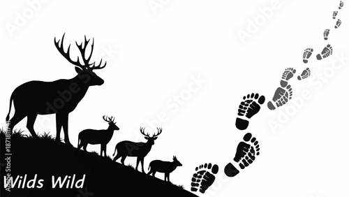 Deer and Footprints Silhouette on Hill.