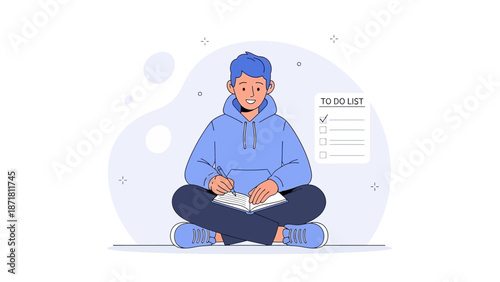 Young man with blue hair writing in notebook, to do list in background