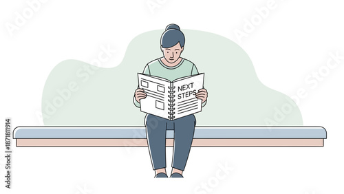 Woman Reading 'Next Steps' Document, Planning Future, Sitting on Bench