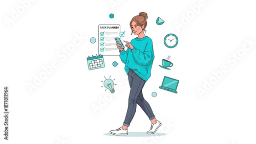Woman using mobile phone with task planner, calendar, laptop, coffee and lightbulb icons